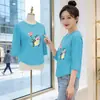 Comercio Exterior Camiseta Estampada de Manga 3/4 para Mujer de Mediana Edad y Adultos Mayores, Holgada, Adelgazante, Elegante, Ropa para Mamá, Camiseta de Verano