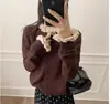 Otoño/Invierno 2026 Nuevo Estilo Holgado Estilo Dulce Cardigan con Cuello de Encaje Fruncido Suéter de Temperamento Chaqueta de Punto Moda para Mujer