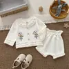 Conjunto para Bebé Niña 100% Algodón Puro Cárdigan con Lazo, Pantalones para Niña, Suéter Infantil de Punto para Primavera y Otoño con Cuello Fruncido