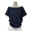 92% Algodão Azul Gola Diagonal Ombro a Ombro Manga Curta Camiseta Feminina Verão Novo Solto Modelador Um Ombro Estilo Preguiçoso Top