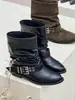 Botas retro desgastadas de media pantorrilla para mujer, tacón grueso, detalle de hebilla, botas de montar