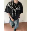 Marca Tendência Retro Americana Xadrez Xale Laço Camiseta de Manga Curta para Homens e Mulheres, Design de Verão, Top Soltinho de Meia Manga