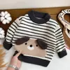 Suéter Infantil Outono e Inverno Novo Camiseta Básica Cartoon Infantil Top Quente para Bebê Suéter de Tricô Listrado Espesso para Bebê