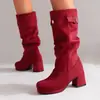 Botas de Caña Media Holgadas de Gamuza con Hebilla de Moda Botines Chelsea Tacón Medio Botas de Motocicleta Talla Grande 40-48 Comercio Exterior