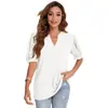 Novedad de verano 2022 en Amazon, tops cruzados europeos y americanos para mujer, camiseta casual de color liso con cuello en V y manga abullonada, holgada para mujer