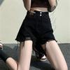 Shorts de mezclilla con doble hebilla para mujer, celebridad de internet, cintura alta, verano, diseño holgado, marca de cuero, negros, pierna ancha A, borde, pantalones cortos hot