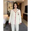 Pijama de Manga Larga con Borde de Color Contrastante para Mujer, Primavera y Otoño, Cardigan con Solapa, Algodón Nube, Doble Estampado Largo, Ropa de Casa, Conjunto de Dos Piezas