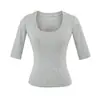 Camiseta de Lyocell Tencel con Cuello en U y Mangas Medias para Mujer 2026 Verano Única Elegante Chic Top Básico Ceñido a la Cintura