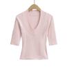 7590-25 Primavera Nuevo Estilo Europeo y Americano Sexy Sexy Cuello en V Grande Manga Tres Cuartos Empalmado Casual Top Camiseta para Fondo