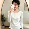 Top de Manga Longa com Gola Redonda e Meio Botão Estilo Coreano para Mulheres, Camada Base para o Início do Outono, Emagrecedor, Elástico, Básico, Cor Sólida, Roupa Íntima Top
