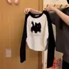 Camiseta de Algodón Peinado con Bloques de Color y Mangas Raglán para Mujer, Ropa de Primavera y Otoño, Diseño Lindo de Gato, Corte Holgado, Capa Base, Top para Estudiante