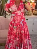 Novo Vestido Floral Elástico com Decote V Estilo Fada Plus Size para Férias na Praia, Vestido Longo Soltinho de Praia 2024