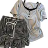 Conjunto de Pijama Feminino de Verão Estilo Coreano Falso Duas Peças com Mangas Curtas e Bojos, Roupa de Casa Casual Estilo Preguiçoso, Atacado Transfronteiriço