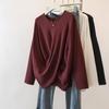 Camisa Básica de Color Sólido Versátil Casual de Manga Larga con Diseño de Tela Cepillada Otoño e Invierno Tallas Plus con Cuello en V Cruzado Irregular