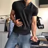 Camisa Polo Negra de Manga Corta para Hombre Estilo Henley Americano Ropa de Fitness Camiseta Deportiva Waffle