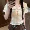 Camiseta de Manga Corta con Diseño Hueco de Cuello Peter Pan para Mujer, Suave y Dulce, Top Elegante y Versátil Ins de Verano Chic