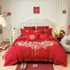 Juego de cuatro piezas para boda con dragón y fénix bordados, 100% algodón, sábana y funda de edredón de color rojo brillante, ajuar para habitación de bodas, colcha de boda, ropa de cama