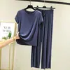 Conjunto pijama de duas peças novo para primavera e verão, de algodão modal de manga curta para mulheres, calça larga casual solta, tamanhos grandes para casa
