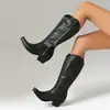 Tallas 34-43 Color Sólido Versátiles Botas Vaqueras para Mujer de Media Pantorrilla de Cuero Transfronterizas Talla Grande Punta Redonda Tacones Cuadrados Botas sin Cordones