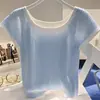 Chal de Punto Fino a la Moda para Mujer 2026, Ajuste Delgado Petite, Top Vintage de Cuello Redondo con Ribete de Color Contrastante, Manga Corta