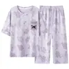 Novos Pijamas de Verão 2026 Femininos, Confortáveis de Algodão Puro Desenho Animado Estilo Ins Manga Curta Calça Três Quartos Conjunto para Casa com Bojos