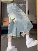 Jeans Cropped para Mulheres com Bainha Desfiada Rasgada, Design de Perna Larga para o Verão, Shorts de Cintura Alta Reta
