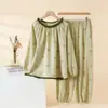 Conjunto de Roupa de Casa Feminino Estilo Palácio 100% Algodão, Pijama de Renda com Franjas de Gola Redonda e Manga Longa para Primavera e Outono, Pode Ser Usado Fora, Atacado