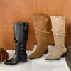 Botas Largas Retro de Piel Ante con Tacón Grueso y Punta Cuadrada para Mujer 2026 Nuevo Otoño Invierno Botas de Moda Versátiles con Hebilla Botas Arrugadas