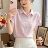 Camisa de Verano Nueva Elegante Juvenil Holgada que Cubre el Vientre, Top Casual, Camisa Rayada de Manga Corta con Cuello Polo a la Moda para Mujer