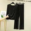 Conjunto de Camiseta de Manga Larga con Volantes y Pantalones Anchos Casuales con Lazo y Cuello Redondo para Mujer, Atuendo Único de Dos Piezas, Nuevo para Primavera/Verano