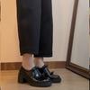 Versión de Piel de Vaca ~ Mocasines de Tacón Alto de Charol para Mujer Elegantes Franceses con Lazo Tacón Grueso Zapatos de Una Capa Zapatos de Cuero Negros Británicos