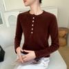 2025 Novo Outono Estilo Coreano Feminino Botão Gola Redonda Malha de Caxemira Camisa Básica com Design Estiloso e Listras