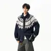 Cardigã de tricô Fair Isle com gola de botão de chifre, design de outono unissex, blocos de cor, jaqueta de tricô espessa