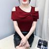 Playera Sexy de Hombros Descubiertos de Manga Corta para Mujer 2025 Verano Nueva Moda Top con Lazo, Camisa de Aspecto Adelgazante Versátil y a la Moda