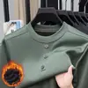 Moletom masculino de inverno com gola redonda e forro de fleece, vestuário casual masculino, camiseta de manga comprida quente com três botões, disponível para atacado