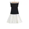 V26502-26 Verano Estilo Coreano Ajustado Bloques de Color Hombros Descubiertos Tubo Tejer Patchwork Vestido Falda Corta