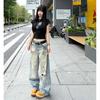 Calça Jeans Rasgada Estilo Americano para Mulheres, Calça Cargo Fina de Verão, Calça Reta Solta de Perna Larga Estilosa e Cool
