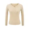 Suéter de Punto con Cuello Redondo Botones Mitad Abierto para Mujer, Nuevo para Principios de Otoño, Sexy, Ajustado, Rayado, Manga Larga, Camiseta Base, Top Corto