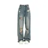Calça Jeans Rasgada Estilo Americano Plus Size para Mulheres, Cintura Alta, Corte Reto, Modelagem Solta, Emagrecedora, Vibe High Street, Perna Larga, Comprimento no Chão