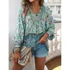 2025 Primavera y Verano Nuevos Tops y Camisas Estilo Bohemio de Resort Estampados con Cuello en V y Cordones de Manga Larga para Mujer