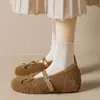 Novos sapatos Mary Jane de bico quadrado com design de laço para mulheres, 2026, quentes e aconchegantes para outono e inverno, com forro de pelúcia e fivela de couro