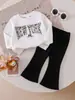 Roupa de Outono para Meninas: Conjunto de Duas Peças: Moletom com Estampa de Leopardo e Letras e Calça Boca de Sino Preta, Roupa Elegante para Bebê Menina Atacado