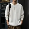 Estilo Nuevo Primavera y Otoño 2026 Algodón Puro Cuello Henry Sudadera para Hombre Camiseta de Manga Larga Holgada Estilo Americano Top Camisa Base Blanca