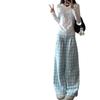 Pantalones de Cuadros Azules para Mujer, Nuevo Estilo Primavera/Verano 2025, Pantalones Rectos de Pierna Ancha Petite, Pantalones Casuales que Estilizan la Figura para Personas de 150 cm de Altura