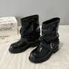 ¡Versión de cuero suave! Botas individuales apiladas con hebilla francesa para mujer 2026 nuevas botas negras de media pantorrilla botas de motociclista botas cortas western