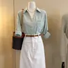 Camisa de Algodón y Lino Verde Mambo Suave Francesa con Cuello en V para Mujer, Verano Delgado Estilo Holgado Elegante Estilo Old Money Camisa Protector Solar
