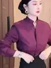 Elegante Camisa de Manga Larga para Mujer, Estilo Primavera y Otoño, Top Verde, Corte Holgado, Versátil, Adelgazante, Estilo para el Trabajo, Camisa con Cuello Alto, Verde Oscuro
