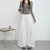 Pantalones casuales rectos de algodón puro azul marino para mujer, nuevo diseño 2026, de cintura alta, con tiras, corte holgado, pantalones deportivos de pierna ancha