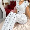 Pijama de manga corta con cuello en V y estampado de amor para mujer, ropa de hogar de gran venta transfronteriza europea y americana, pantalones exteriores, traje de dos piezas
