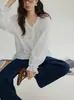 Camisa feminina de manga comprida em algodão puro com textura jacquard e gola de renda estilo francês, leve, proteção solar, de alta qualidade, top versátil para o outono